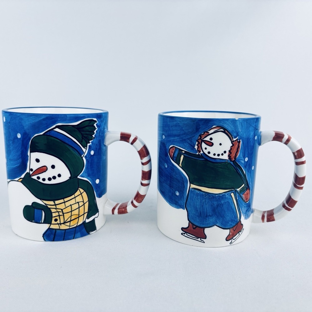 Lot Of 2 Sonoma Snowmen Snowman Mug Coffee Cups Red White‎ Striped Handles
